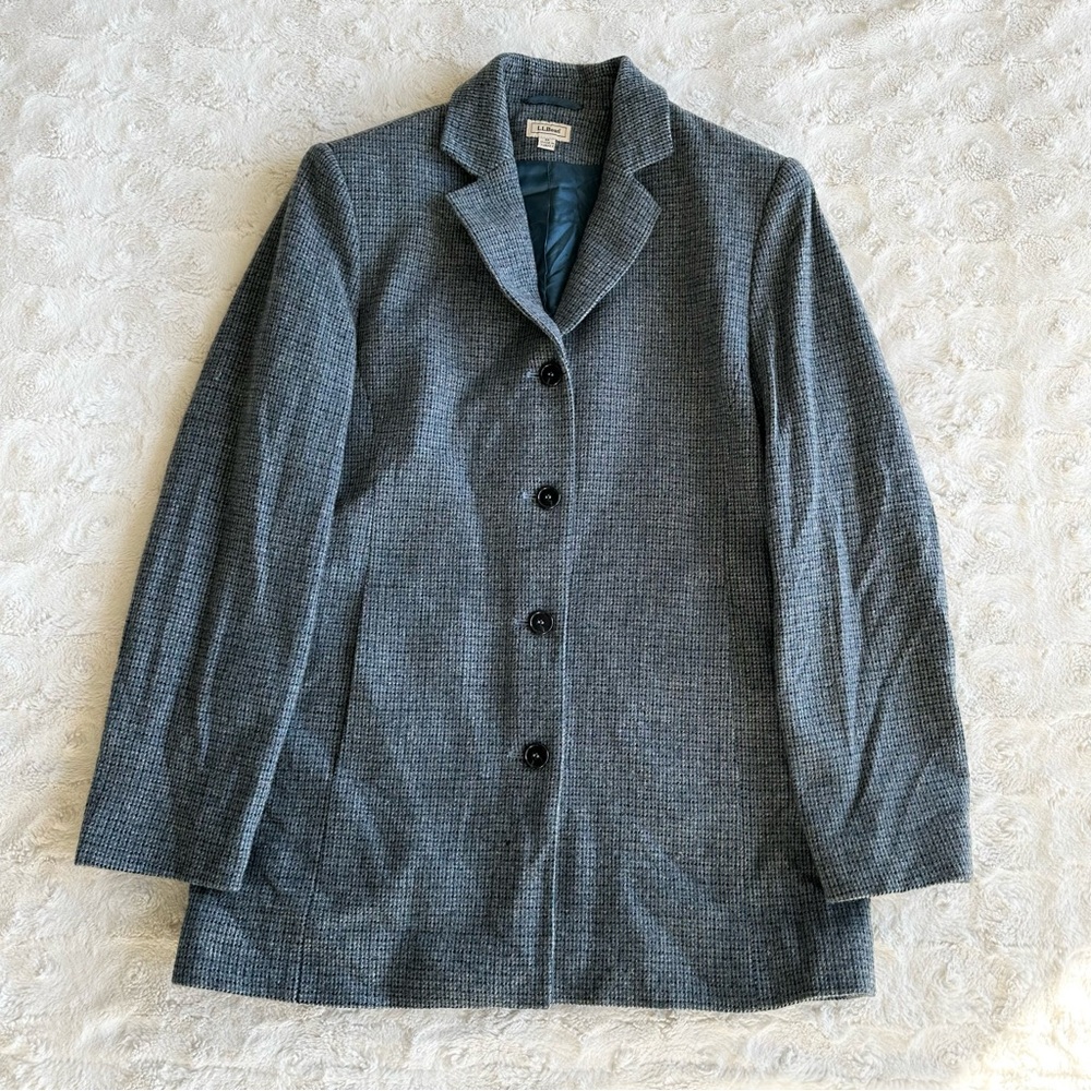 LL Bean Blazer Jacket Womens 8R Gray Tweed Wool Single Breasted Longline Lined